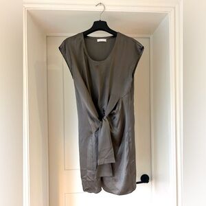 Tie-Front 100% Italian Silk Dress in Dusty Gray